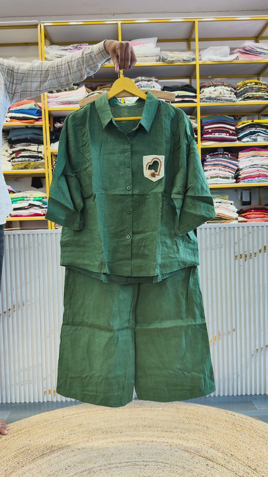 GREEN CROCHET POCKET LINETOP WITH LINEN COMFORTABLE PANT SET
