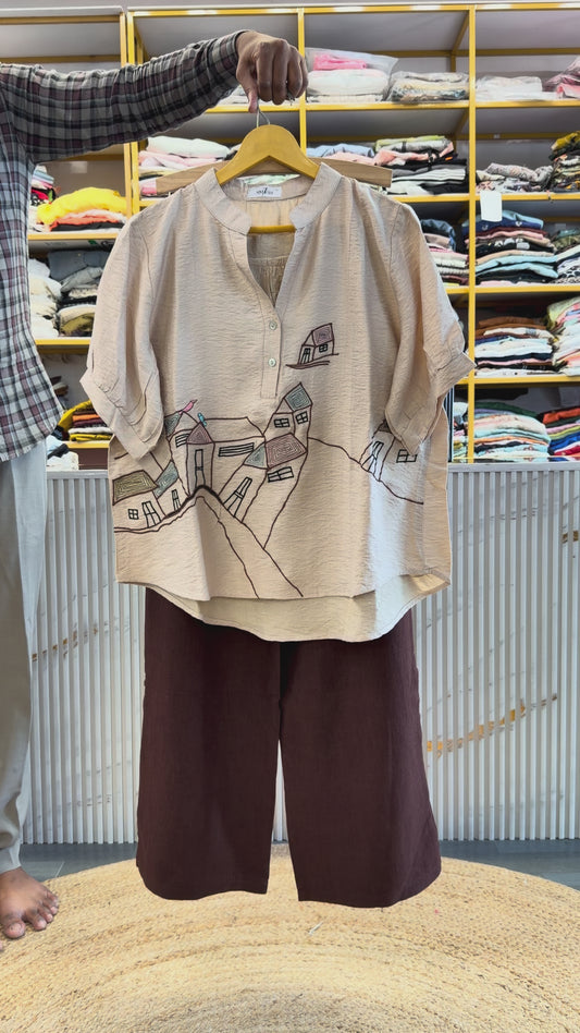 OFF WHITE HOUSE  EMBROIDERY TOP WITH LINEN PANT SET