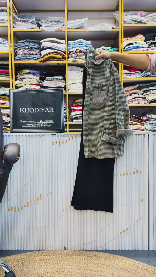 SMALL CHEX EMBROIDERY SHIRT WITH BELL BOTTOM PANT SET