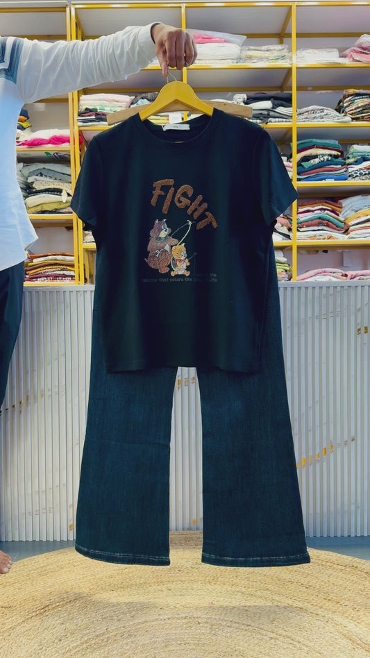 BLACK PRINT COTTON TSHIRT WITH BELL BOTTOM DENIM PANT SET
