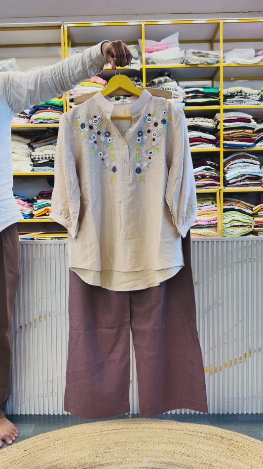 OFF WHITE EMBROIDERY CASUAL TOP  WITH LINEN PANT SET