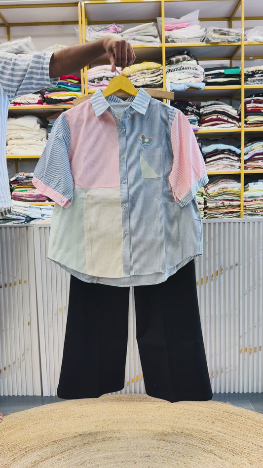 STRIPS EMBROIDERY COTTON SHIRT  WITH BELL BOTTOM TROUSER PANT SET