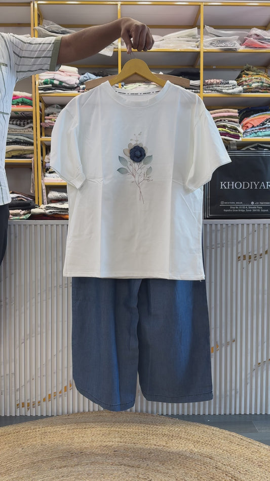 WHITE COTTON TSHIRT WITH SOFT PAPER DENIM PANT SET