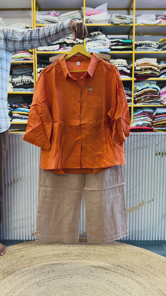 ORANGE EMBROIDERY LINEN SHIRT WITH LINEN STRAIGHT PANT SET