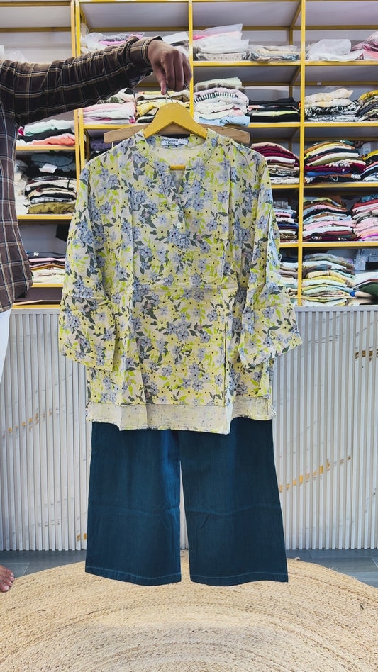 PRINT LINEN LONG TOP WITH SOFT DENIM PANT SET