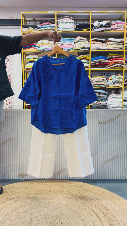 CUTWORK LINEN EMBROIDERY TOP WITH BELL BOTTOM PANT SET