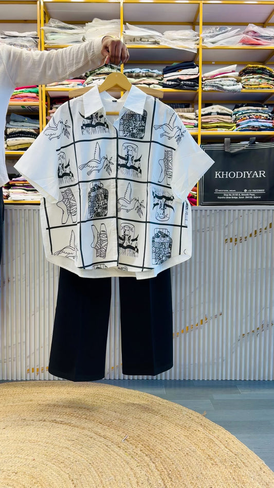 PRINTED WHITE COTTON SHIRT  WITH BELL BOTTOM PANT SET