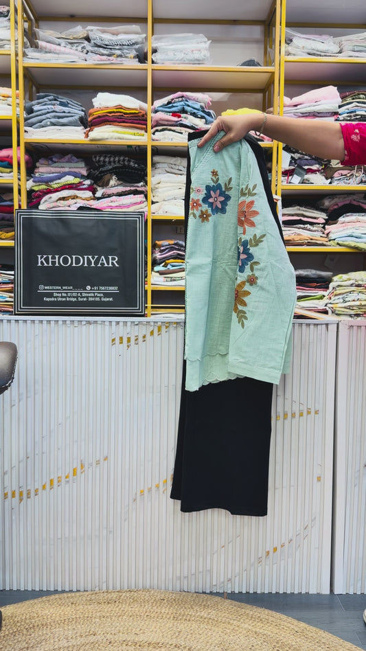 SEA GREEN COTTON EMBROIDERY TOP WITH BELL BOTTOM FIT TROUSER PANT SET