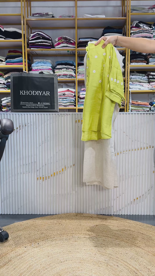 NEON GREEN EMBROIDERY TOP WITH LINEN PANT SET