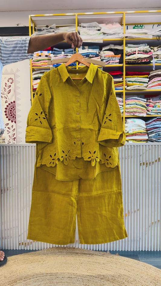 CUTWORK EMBROIDERY PURE LINEN COORD SET