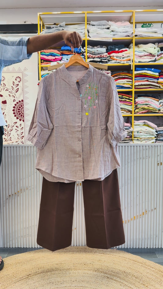 SMALL CHEX MUL COTTON EMBROIDERY TOP WITH BELL BOTTOM PANT SET