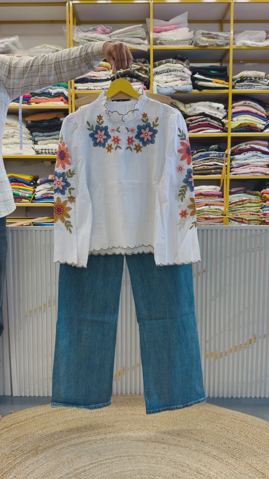 COTTON EMBROIDERY TOP WITH IMPORTED SOFT DENIM PANT SET