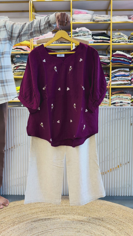 WINE  EMBROIDERY CASUAL TOP WITH LINEN PANT SET