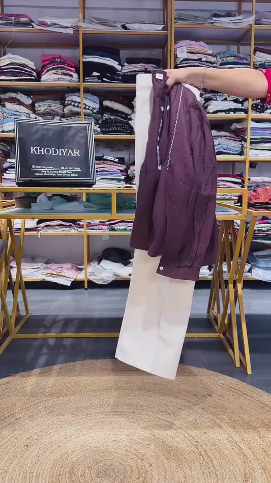 FULL SLEEVE EMBROIDERY COTTON TOP  WITH BELL BOTTOM TROUSER SET