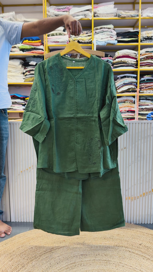 DARK GREEN EMBROIDERY LINEN TOP WITH LINEN COMFORTABLE PANT SET