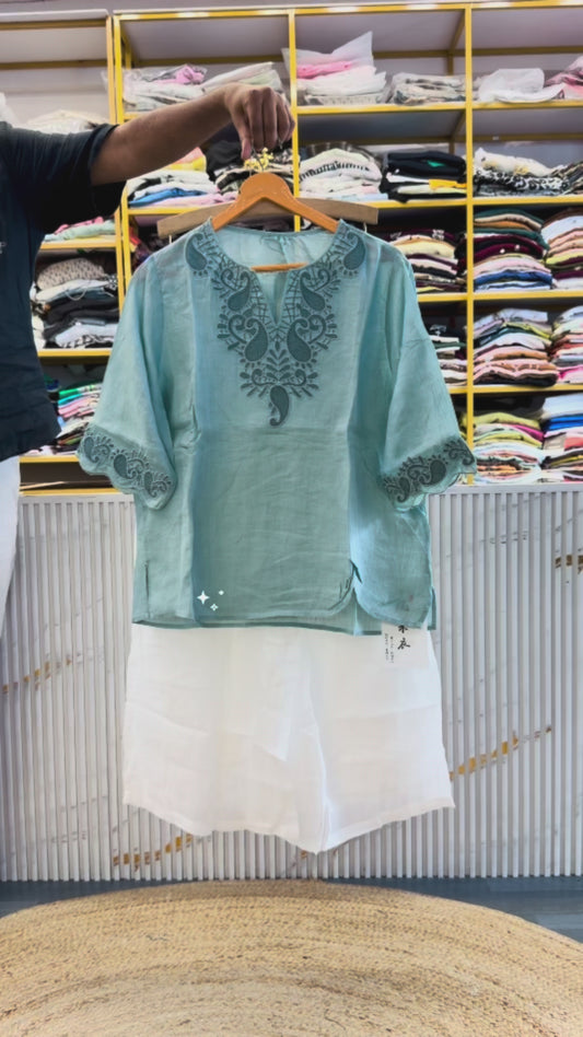 SEA GREEN  LINEN EMBROIDERY TOP  WITH LINEN COMFORTABLE PANT SET