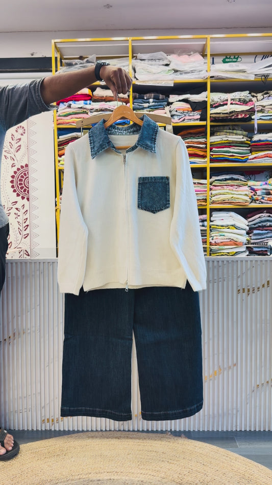 DENIM POCKET SOFT KNITTING JACKET STYLE TOP WITH IMPORTED SOFT DENIM PANT SET