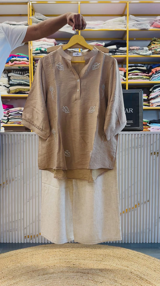 LIGHT GOLDER SHADE EMBROIDERY TOP  WITH LINEN PANT SET