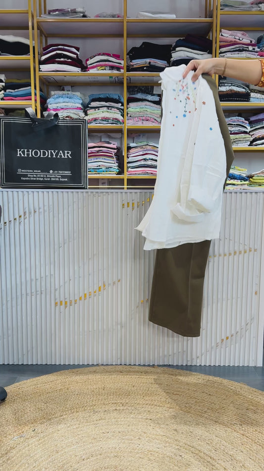 EMBROIDERY WHITE MUL COTTON SHIRT WITH BELL BOTTOM TROUSER PANT SET