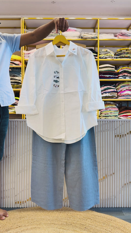 WHITE  EMBROIDERY SHIRT WITH LINEN PANT SET