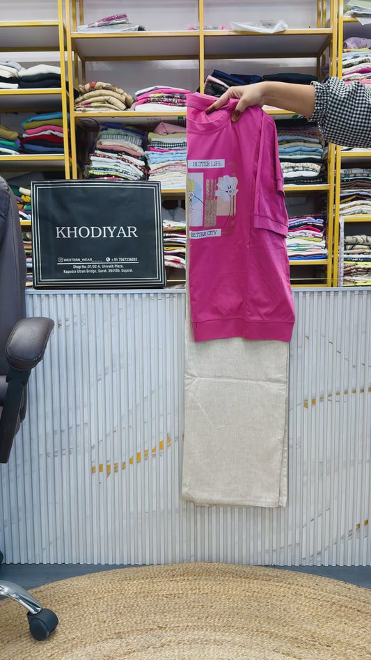 PRINTED COTTON TSHIRT WITH LINEN PANT SET
