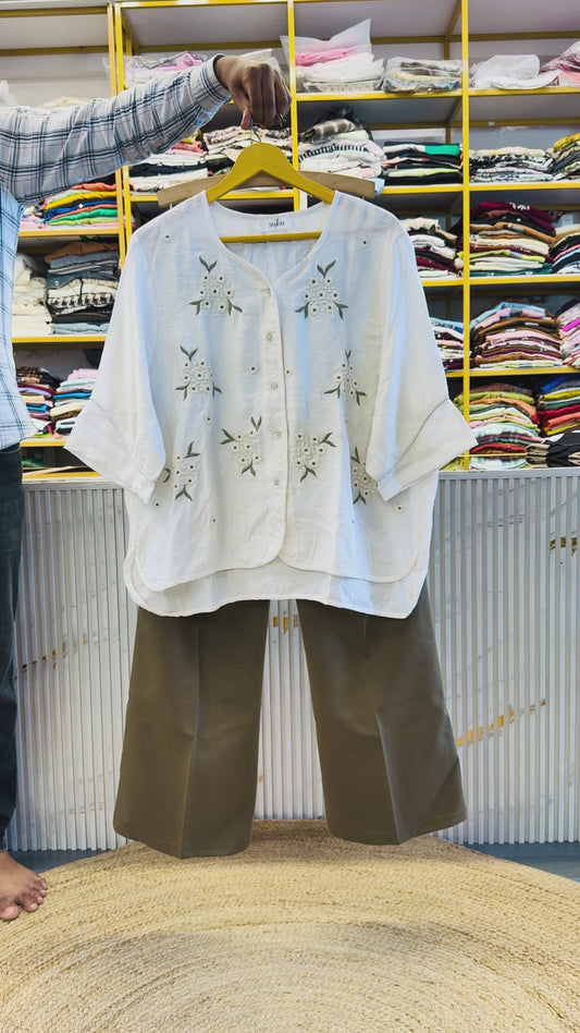 WHITE EMBROIDERY CASUAL TOP  WITH BELL BOTTOM PANT SET