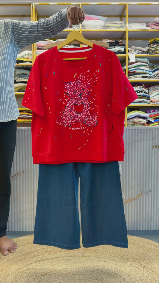 RED COTTON TSHIRT WITH SOFT PAPER DENIM PANT SET