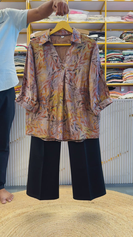 SATIN PRINT TOP WITH BELL BOTTOM TROUSER PANT SET
