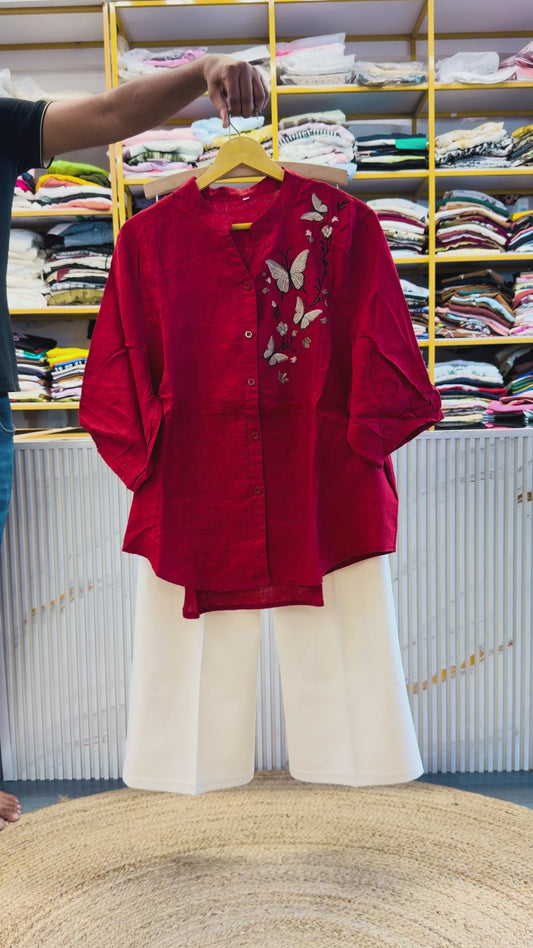 BUTTERFLY EMBROIDERY LINEN TOP  WITH BELL BOTTOM TROUSER PANT SET