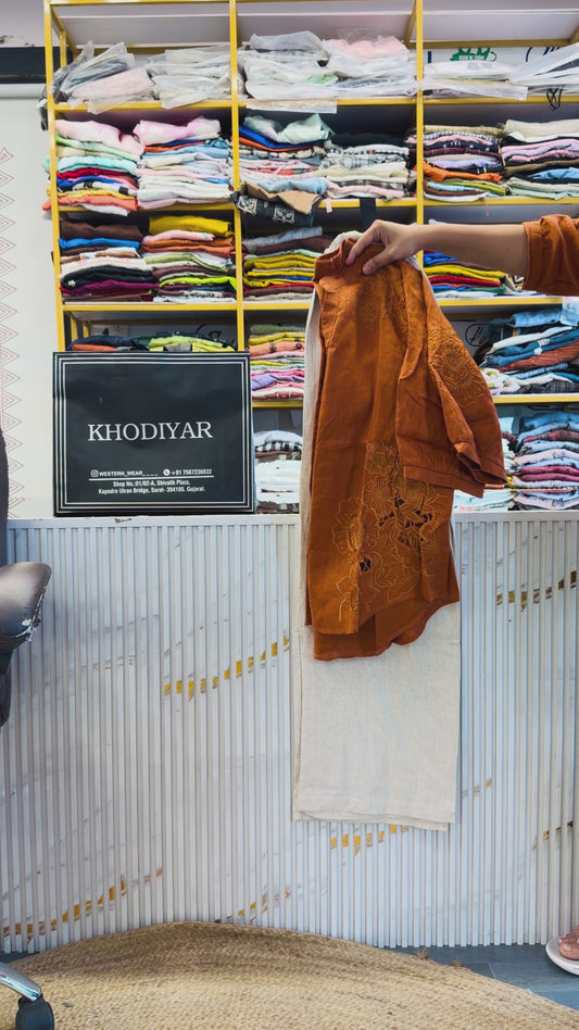RUST LINEN CUTWORK TOP  WITH LINEN STRAIGHT PANT SET
