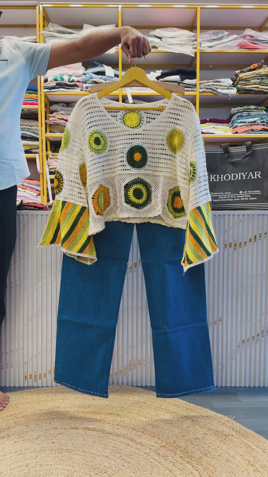 CROCHET TOP   WITH STRAIGHT DENIM PANT SET
