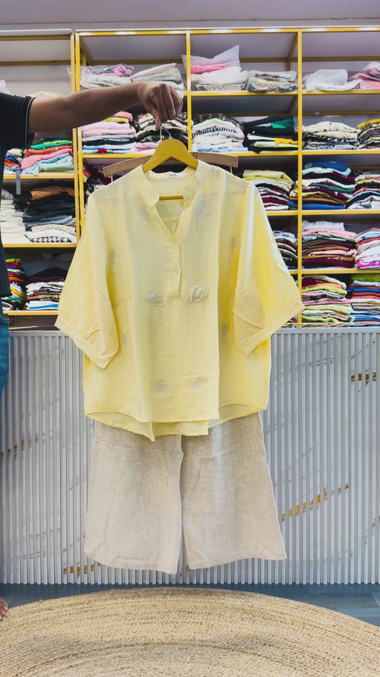 LEMON EMBROIDERY CASUAL TOP  WITH LINEN PANT SET