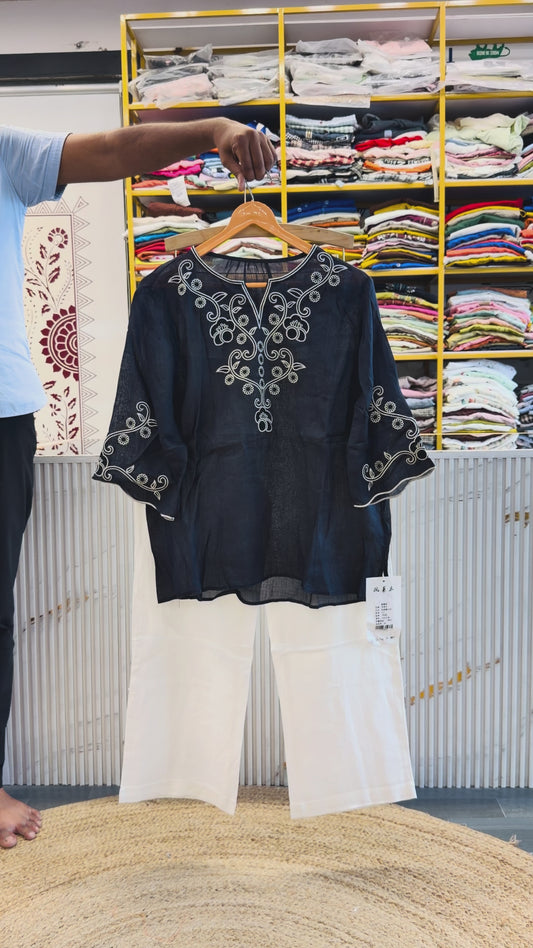 NAVY BLUE  SHADE LINEN EMBROIDERY TOP WITH LINEN STRAIGHT PANT SET