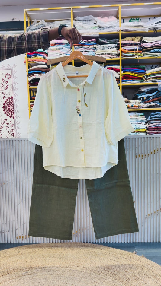 MUL COTTON EMBROIDERY SHIRT WITH LINEN STRAIGHT PANT SET