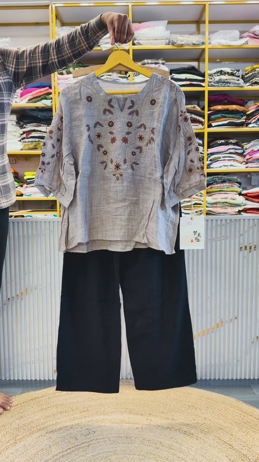DARK GREY EMBROIDERY LINEN TOP WITH LINEN PANT SET