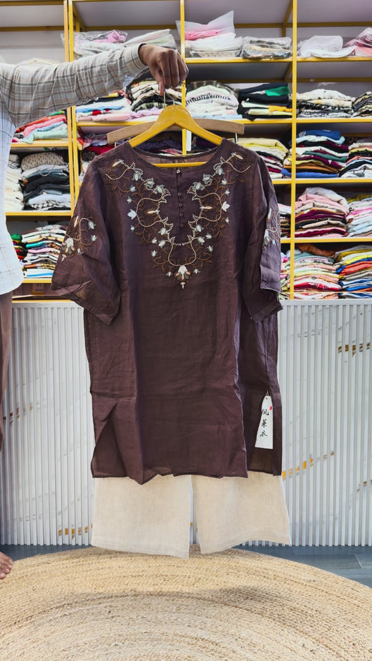 EMBROIDERY LINEN LONG TUNIC WITH LINEN PANT SET