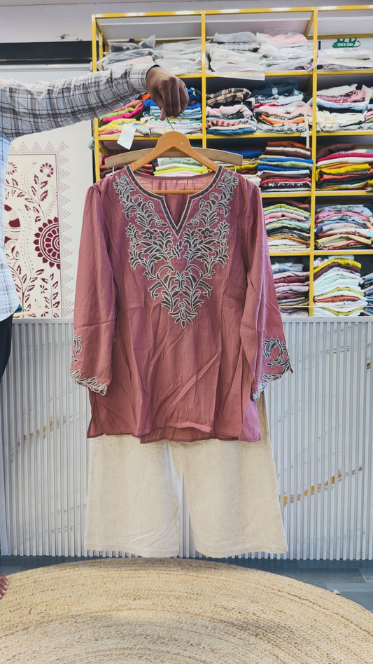 PINK EMBROIDERY TUNIC TOP  WITH LINEN PANT SET
