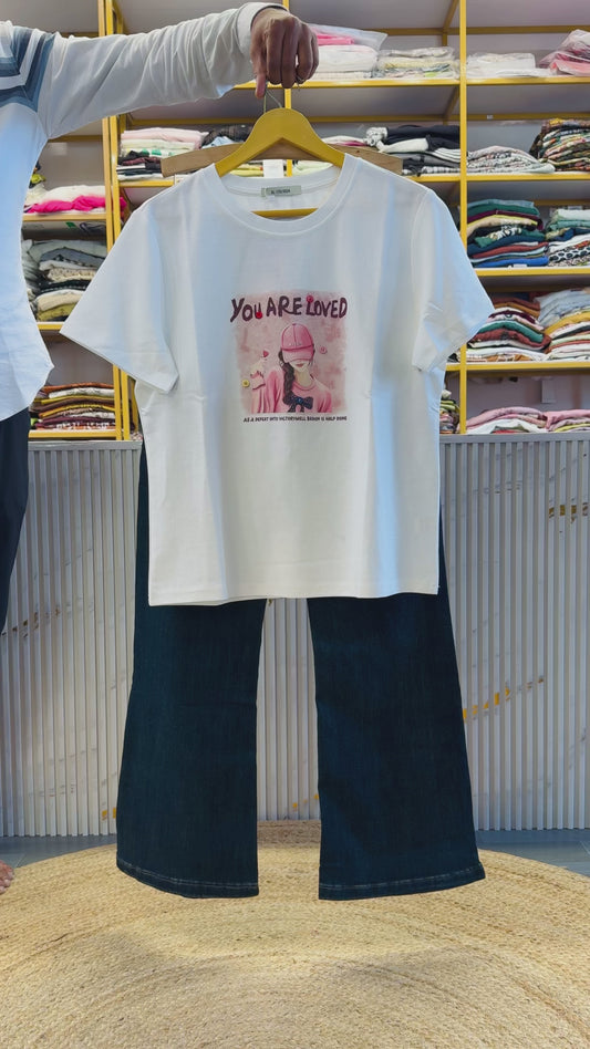 WHITE PRINT COTTON TSHIRT WITH BELL BOTTOM DENIM PANT SET