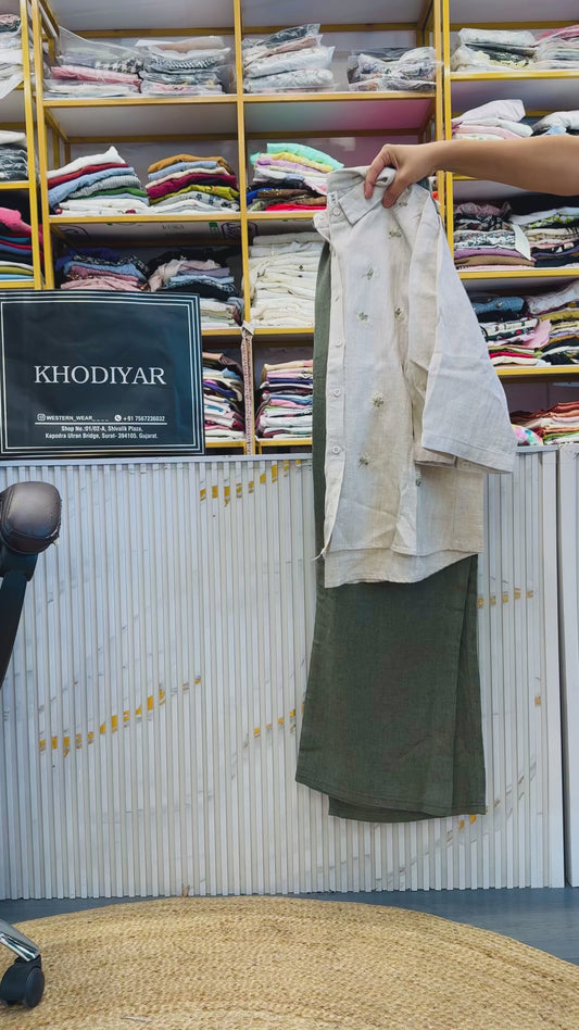 OFF WHITE LINEN EMBROIDERY SHIRT TOP WITH STRAIGHT STRETCHABLE TROUSER PANT SET