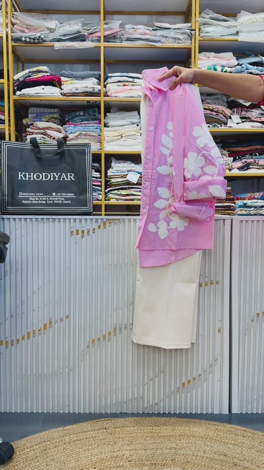 PINK STRIPS EMBROIDERY SHIRT  WITH BELL BOTTOM PANT SET