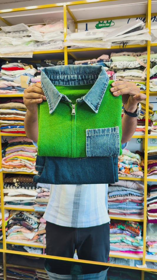 DENIM POCKET SOFT KNITTING JACKET STYLE TOP WITH IMPORTED SOFT DENIM PANT SET