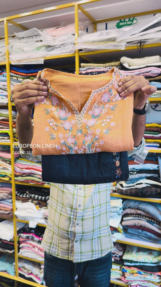 ORANGE EMBROIDERY LINEN TOP WITH SIDE EMBROIDERY LINEN PANT SET