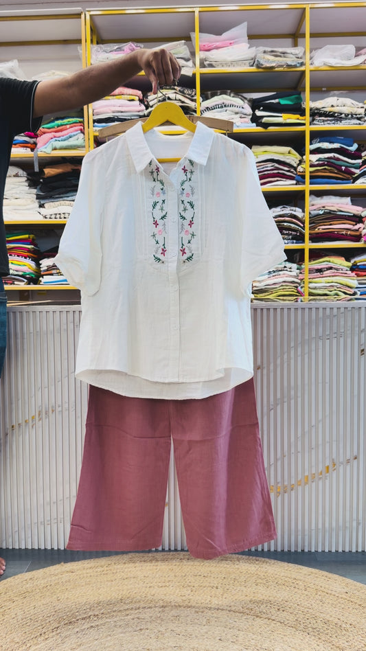WHITE MUL COTTON EMBROIDERY SHIRT WITH LINEN PANT SET