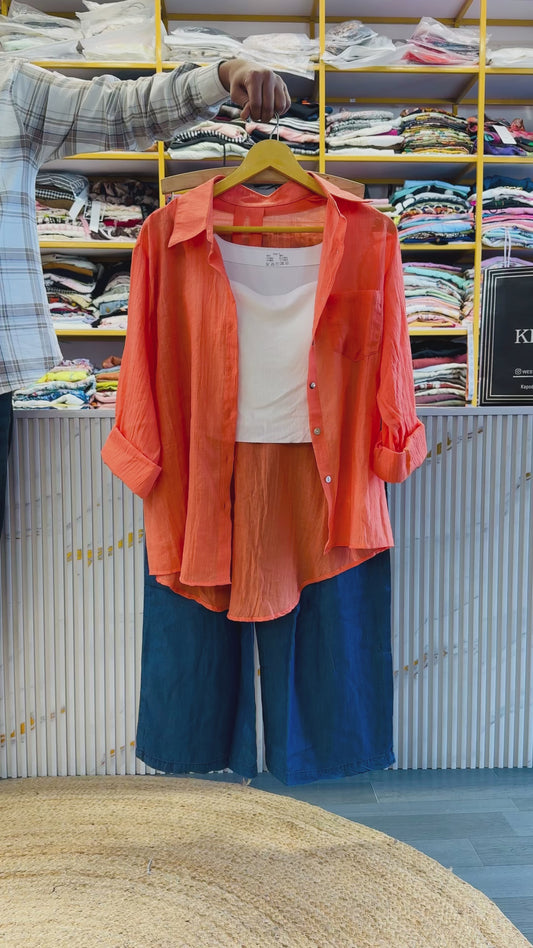 ORANGE PLAIN MUL SHIRT SPAGHETTI WITH  PAPER DENIM  PANT SET