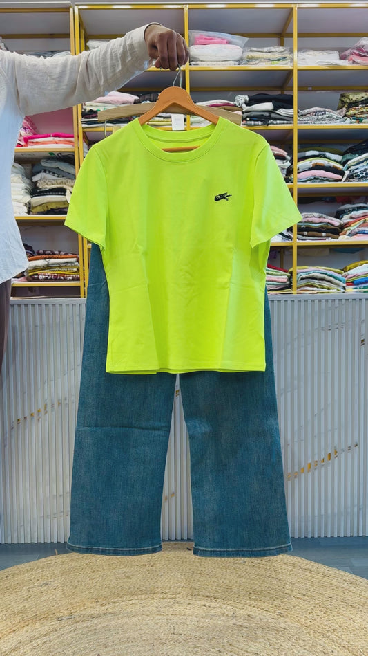 NEON GREEN CASUAL TSHIRT WITH STRAIGHT DENIM PANT SET