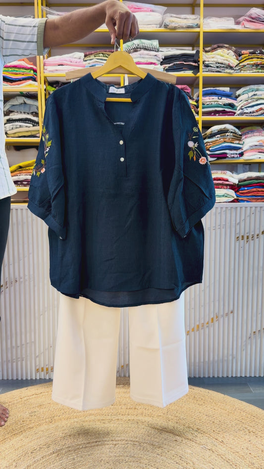 NAVY BLUE EMBROIDERY TOP WITH BELL BOTTOM TROUSER PANT SET