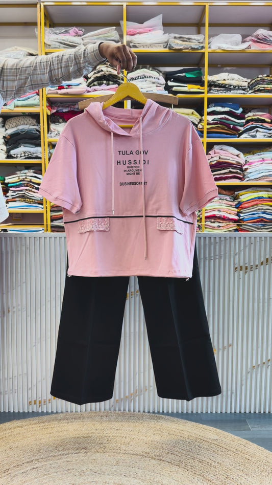 PINK HOODIE TSHIRT WITH BELL BOTTOM PANT SET