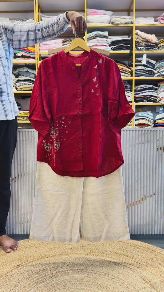 BUTTERFLY EMBROIDERY ORANGE LINEN TOP  WITH LINEN PANT SET
