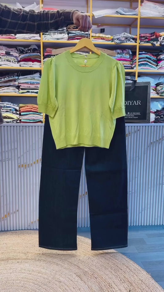 PARROT KNITTING TOP WITH RAW DENIM STRAIGHT PANT SET