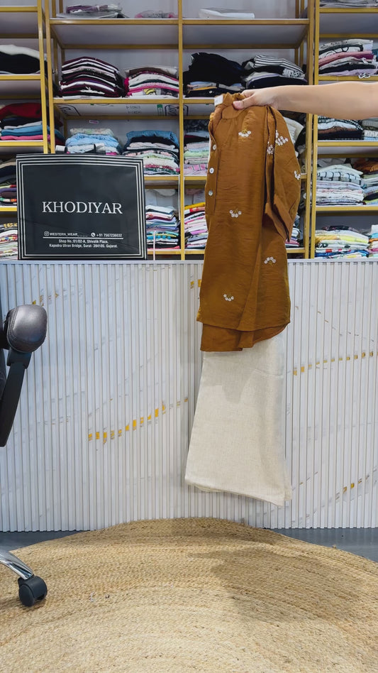 COPPER  EMBROIDERY TOP WITH LINEN PANT SET